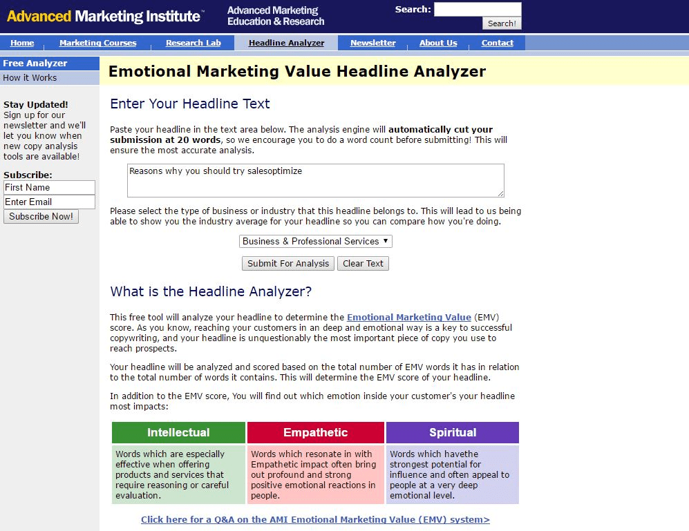 Emotional Marketing Value Headline Analyzer