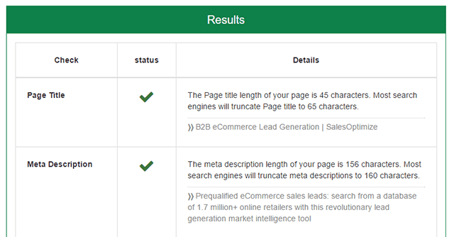 SEO Checker results