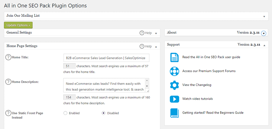 All In One SEO Pack plugin options