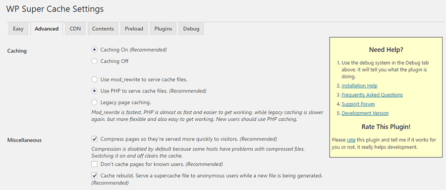 WP Super Cache Settings