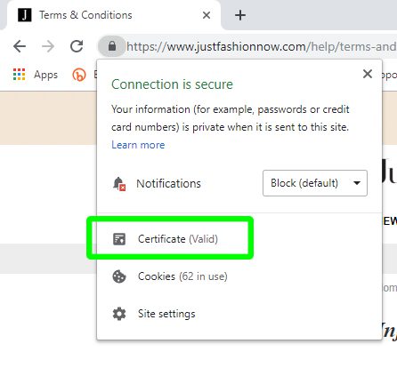 JustFashion Now showing a Valid SSL Cert