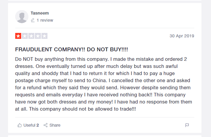 Trustpilot customer review saying it's fraudulent