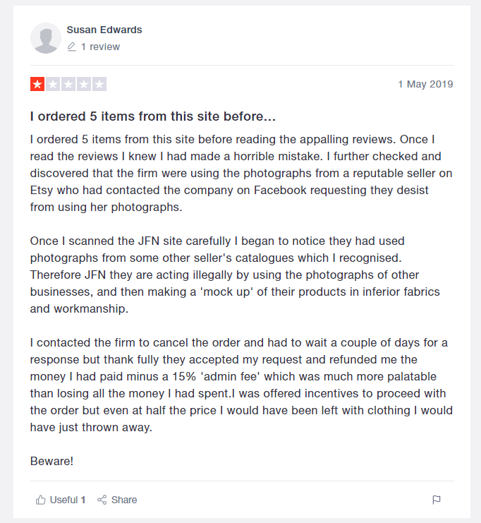 TrustPilot Bad customer review saying "ordered 5 items from this site before"