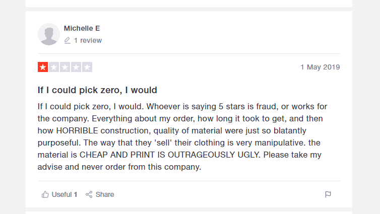 TrustPilot bad customer review giving one star