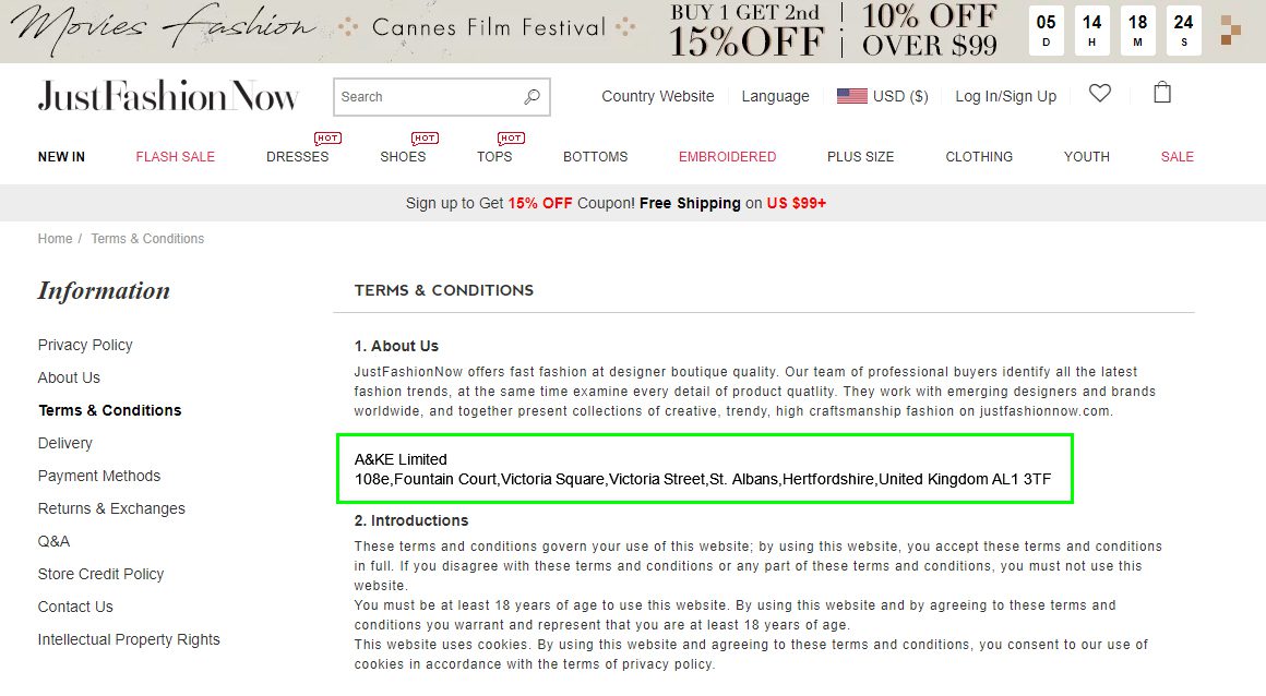 JustFashion Now Terms & conditions showing company name