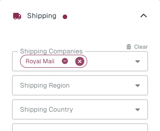 Shipping filter with Royal Mail selected