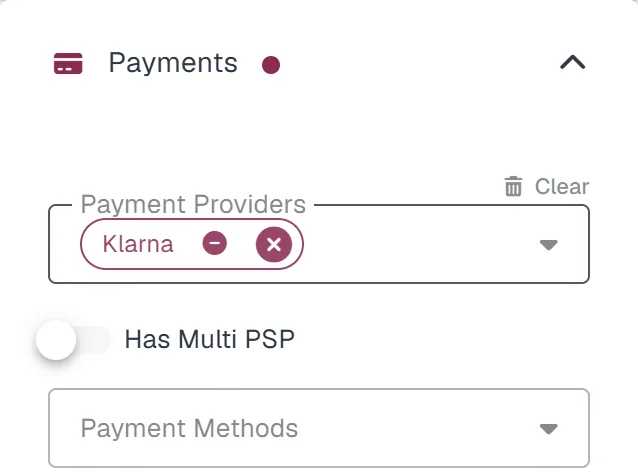 Payments filter with Klarna selected