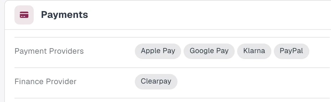 Gozney's payment providers in TAMI AI: Apple Pay, Google Pay, Klarna and PayPal, with Clearpay as finance provider